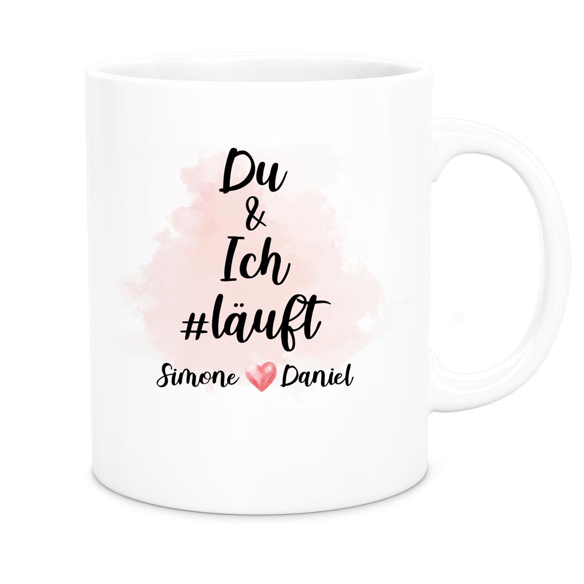 Tasse Spruch "Du & Ich Läuft" Valentinstag 8 Wunschnamen Keramik personalisiert versch. Farben