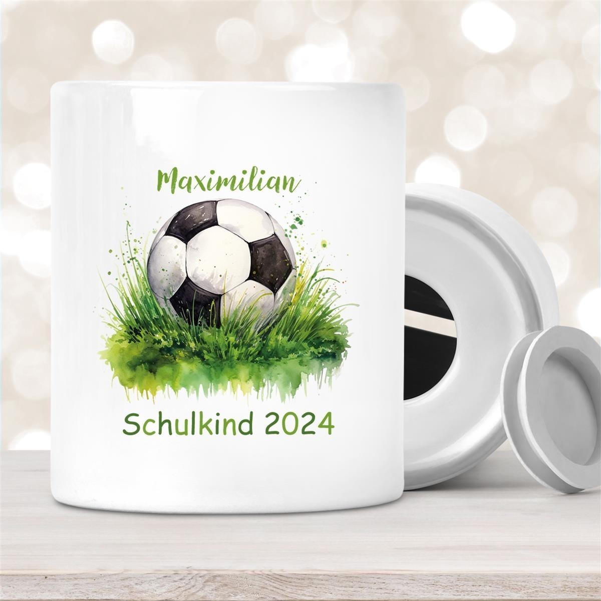 Spardose mit Wunschname Schulanfang #12 Fußball personalisiert