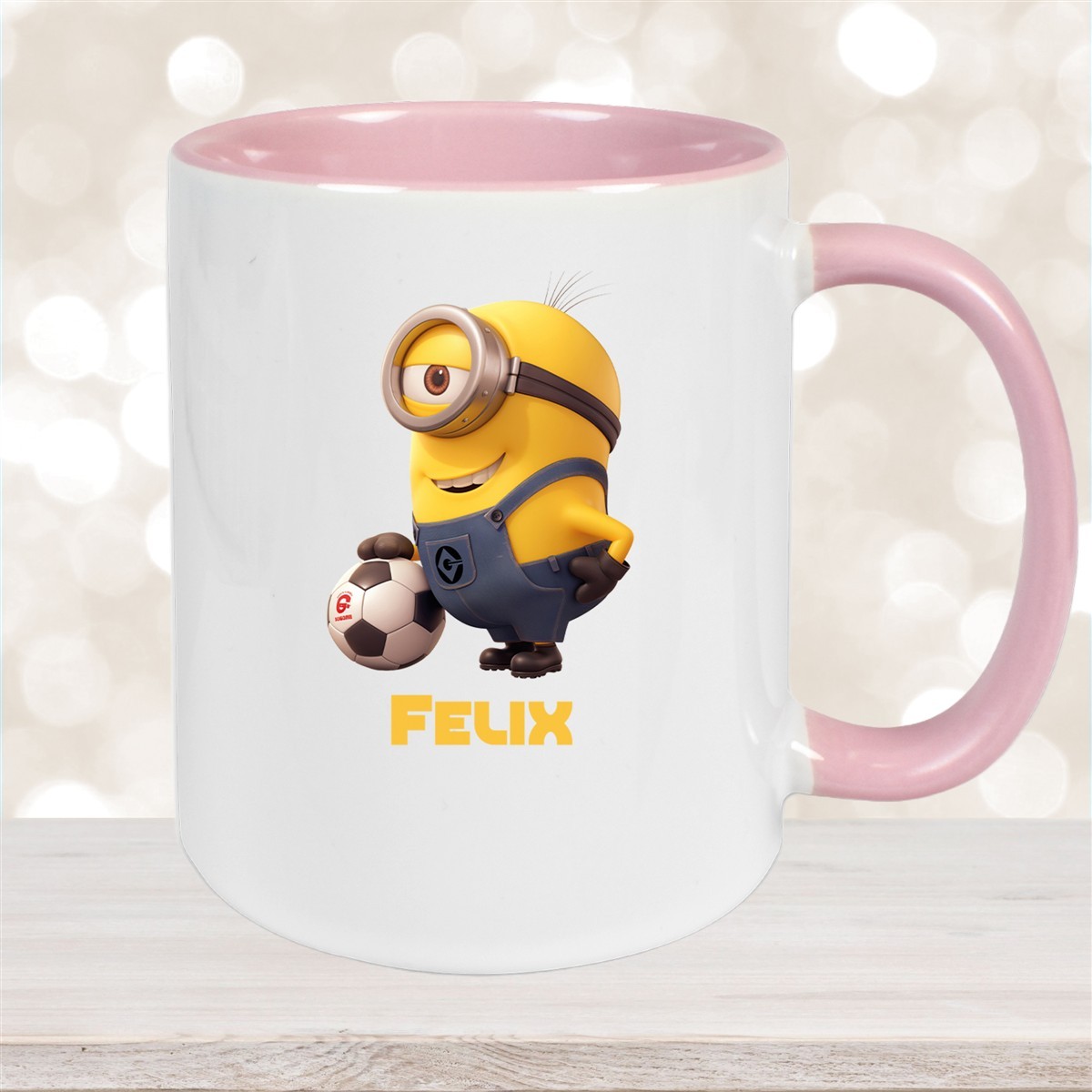 Tasse Minions Kinder Minion #8 Fußball Wunschname Keramik Kinderbecher personalisiert versch. Farben Altrosa