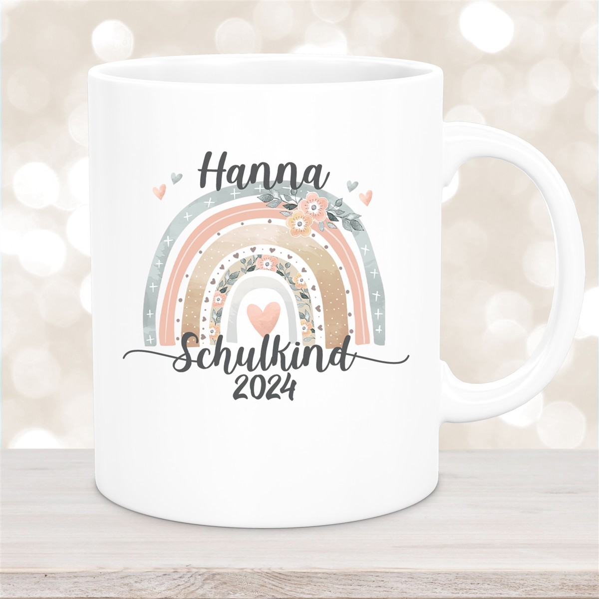 Tasse Schulkind #06 Wunschname Rainbow Keramik Kinderbecher Personalisiert Weiß
