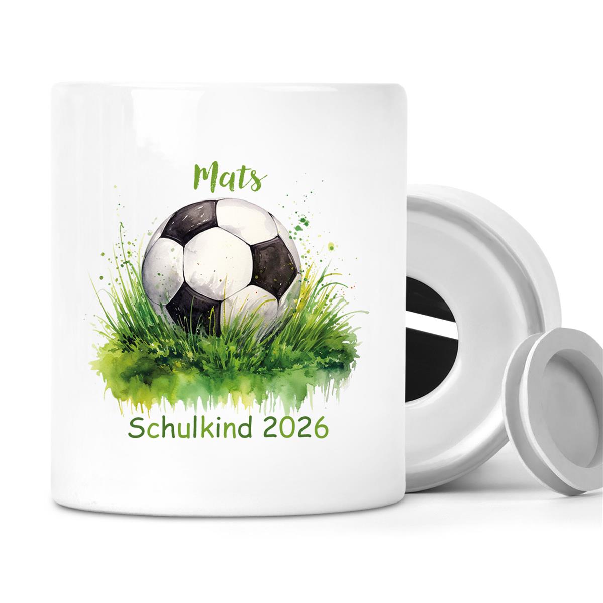 Spardose mit Wunschname Schulanfang 12 Fußball personalisiert