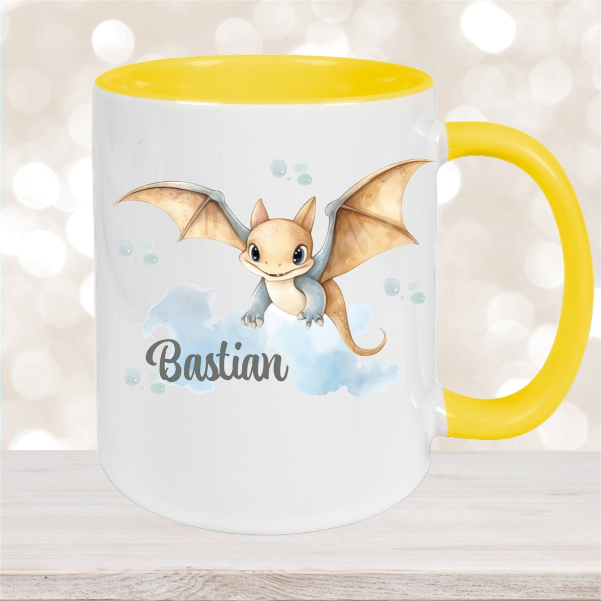 Tasse Wunschname Dino #4 Keramik Kinderbecher Gelb