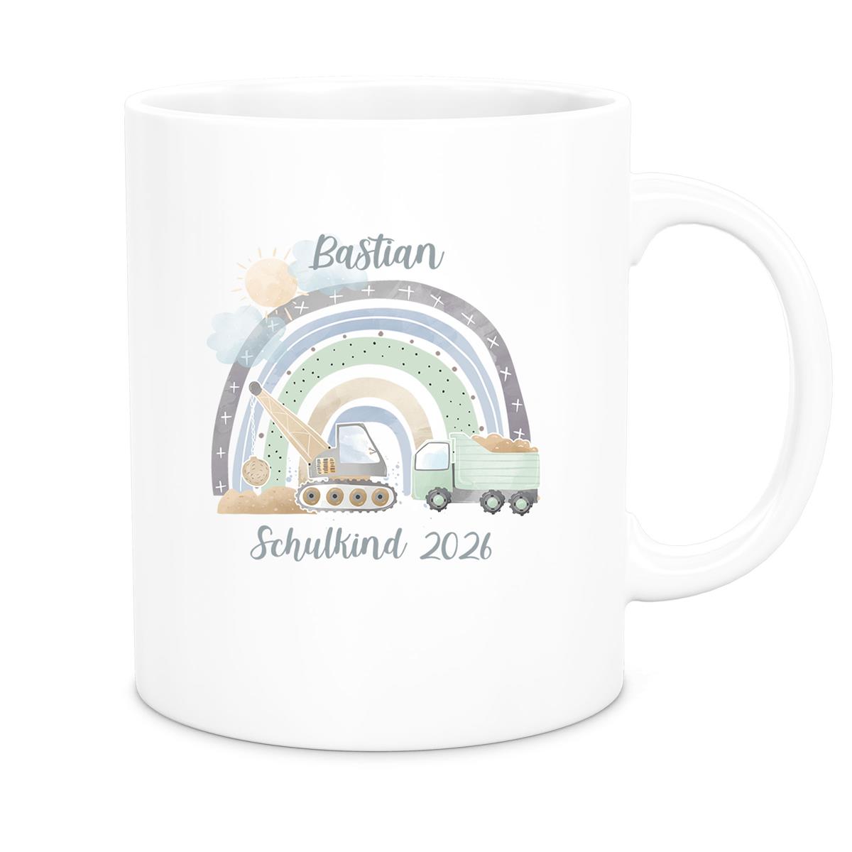 Tasse Schulkind 08 Wunschname Rainbow Baustelle Keramik Kinderbecher Personalisiert versch. Farben