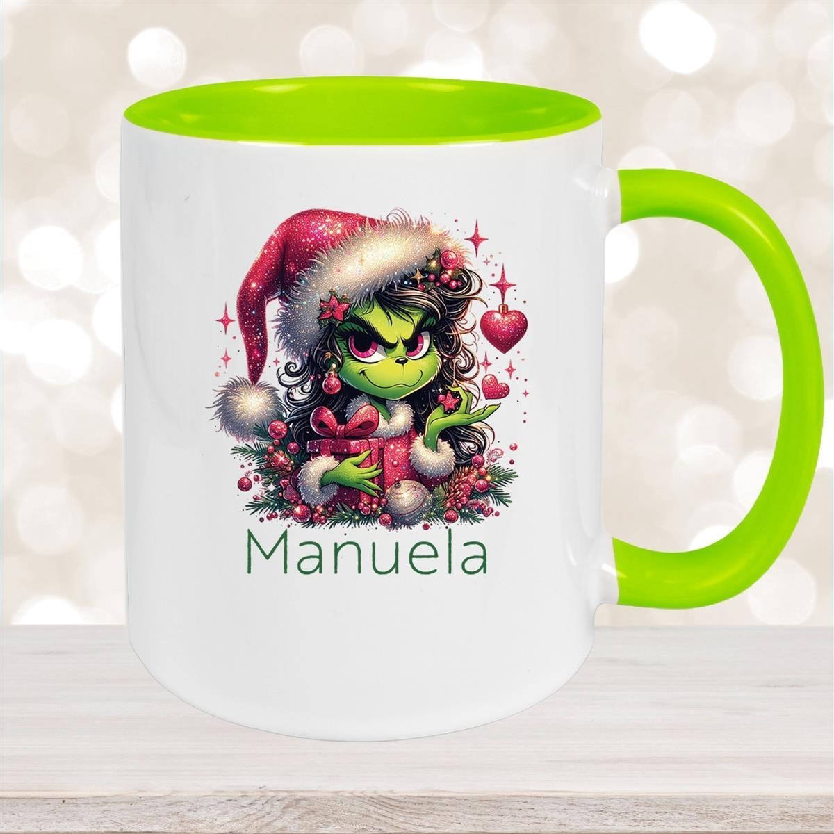 Tasse Wunschname Weihnachten Lady-Grinch #2 Keramik Kinderbecher versch. Farben