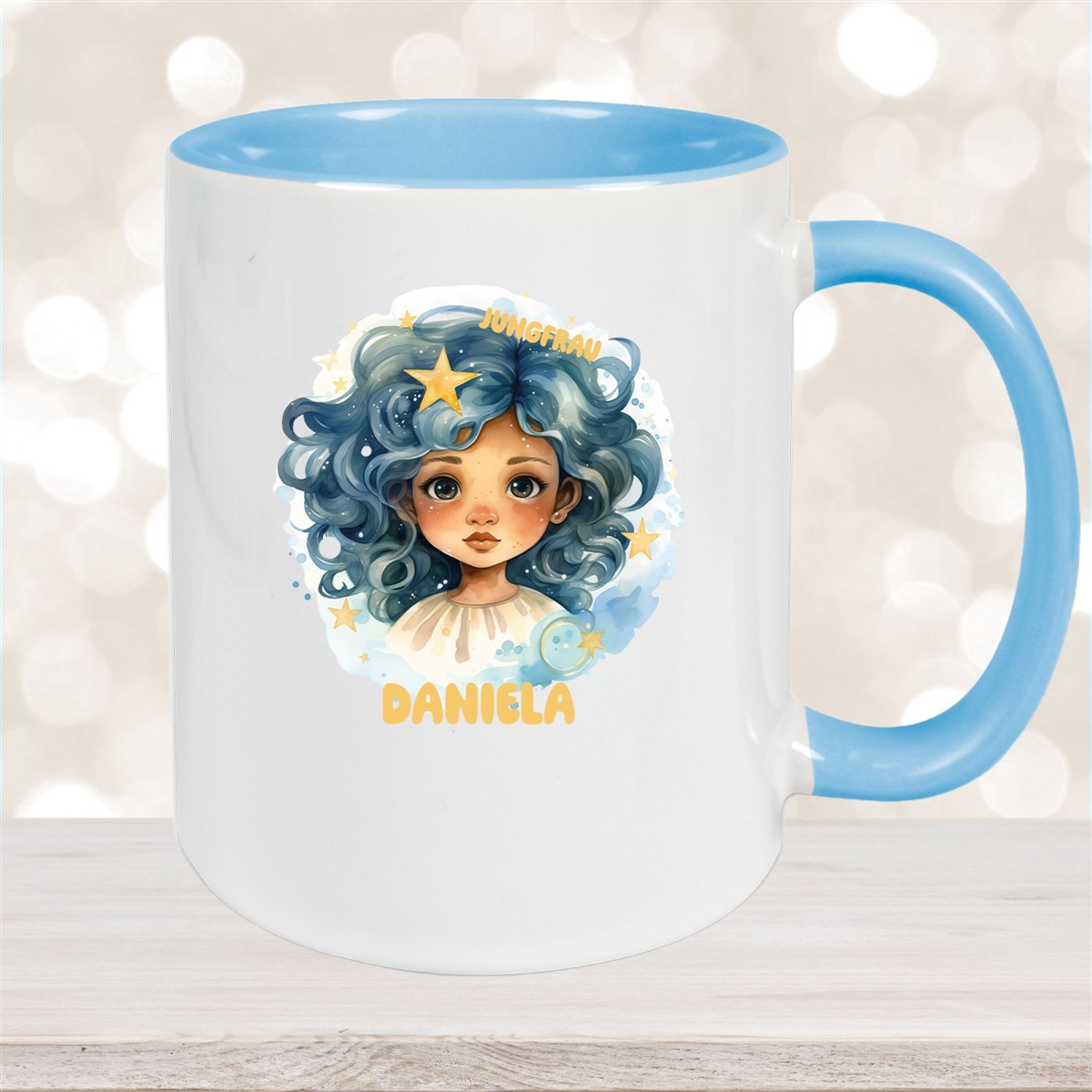Tasse Sternzeichen Kinder Jungfrau #1 Wunschname Keramik Kinderbecher personalisiert Hellblau