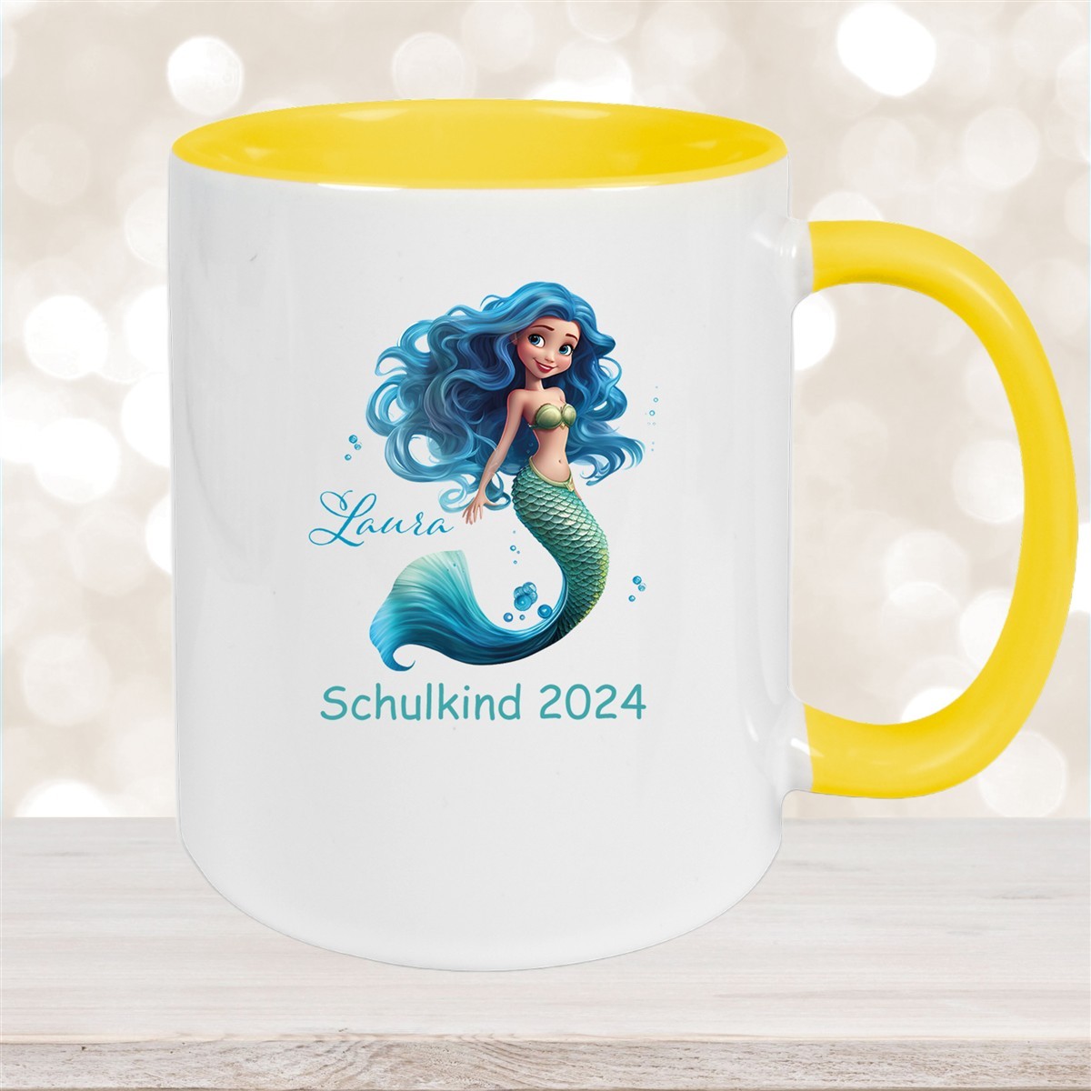 Tasse Schulkind #10 Wunschname Meerjungfrau #1 Keramik Kinderbecher Personalisiert versch. Farben