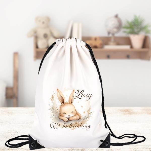 Turnbeutel für Kinder Wechselkleidung-Hase #1  Personalisiert mit Namen inkl. schwarzem Kordelzugband