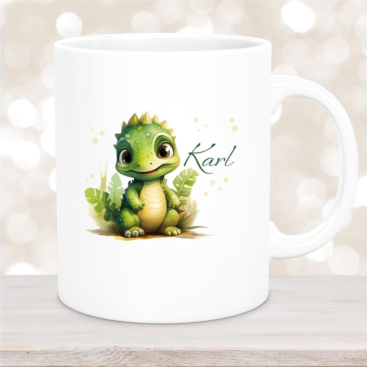 Tasse Dino #16 Wunschname Keramik Kinderbecher Personalisiert Weiß