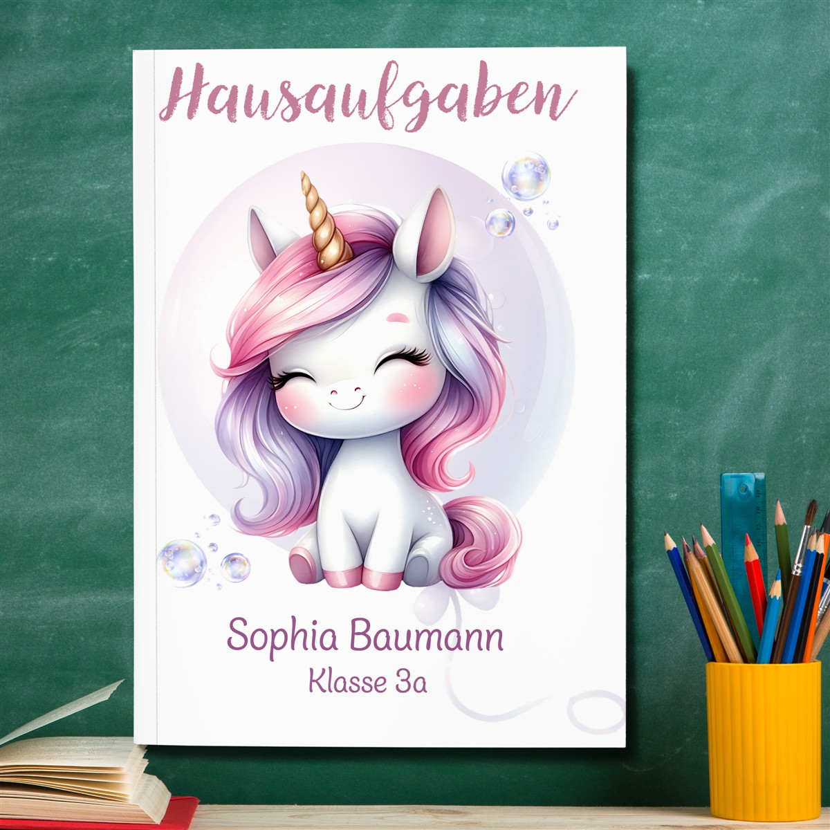 Hausaufgabenheft Einhorn #1 DIN A5 - 48 Blatt mit Name und Klasse