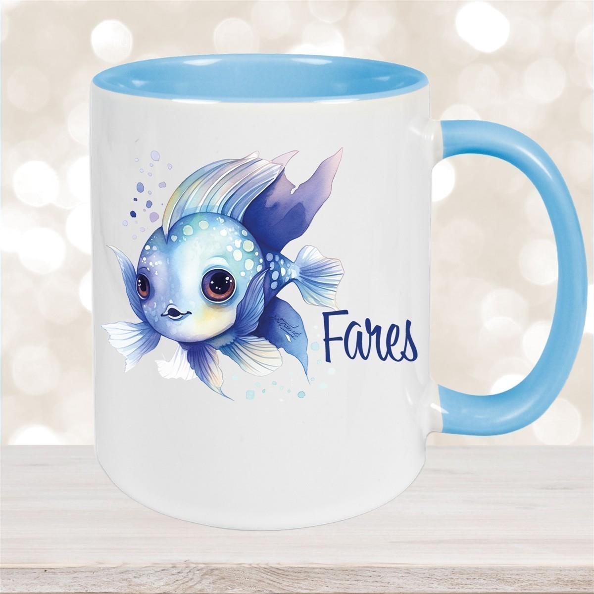 Tasse Wunschname Meerestiere-Fisch 2 Keramik Kinderbecher versch. Farben