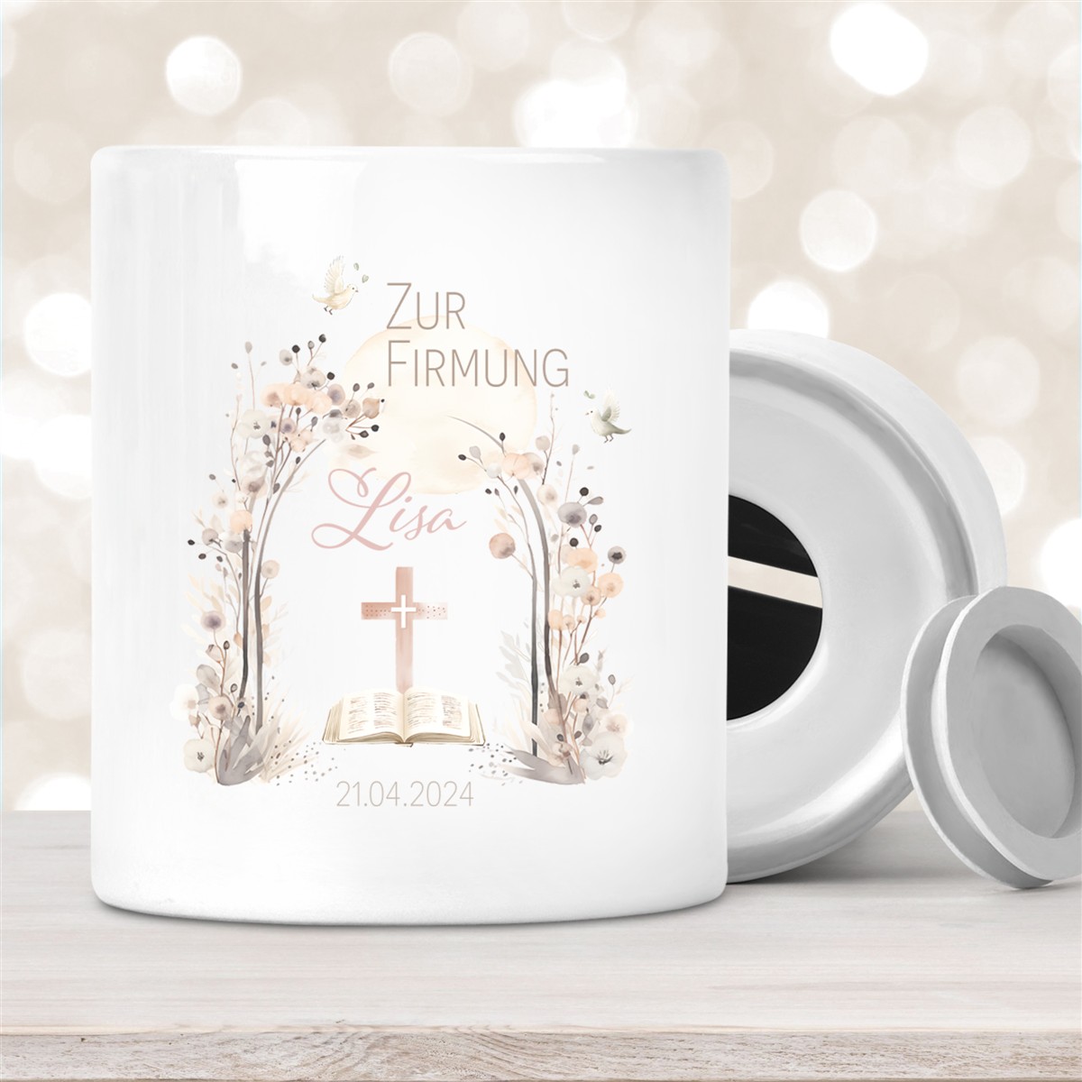 Spardose zur Firmung mit Wunschname Blumen #1 Personalisiert