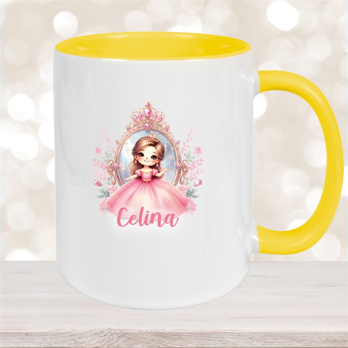 Tasse Kinder Prinzessin #2 Wunschname Keramik Kinderbecher personalisiert Gelb