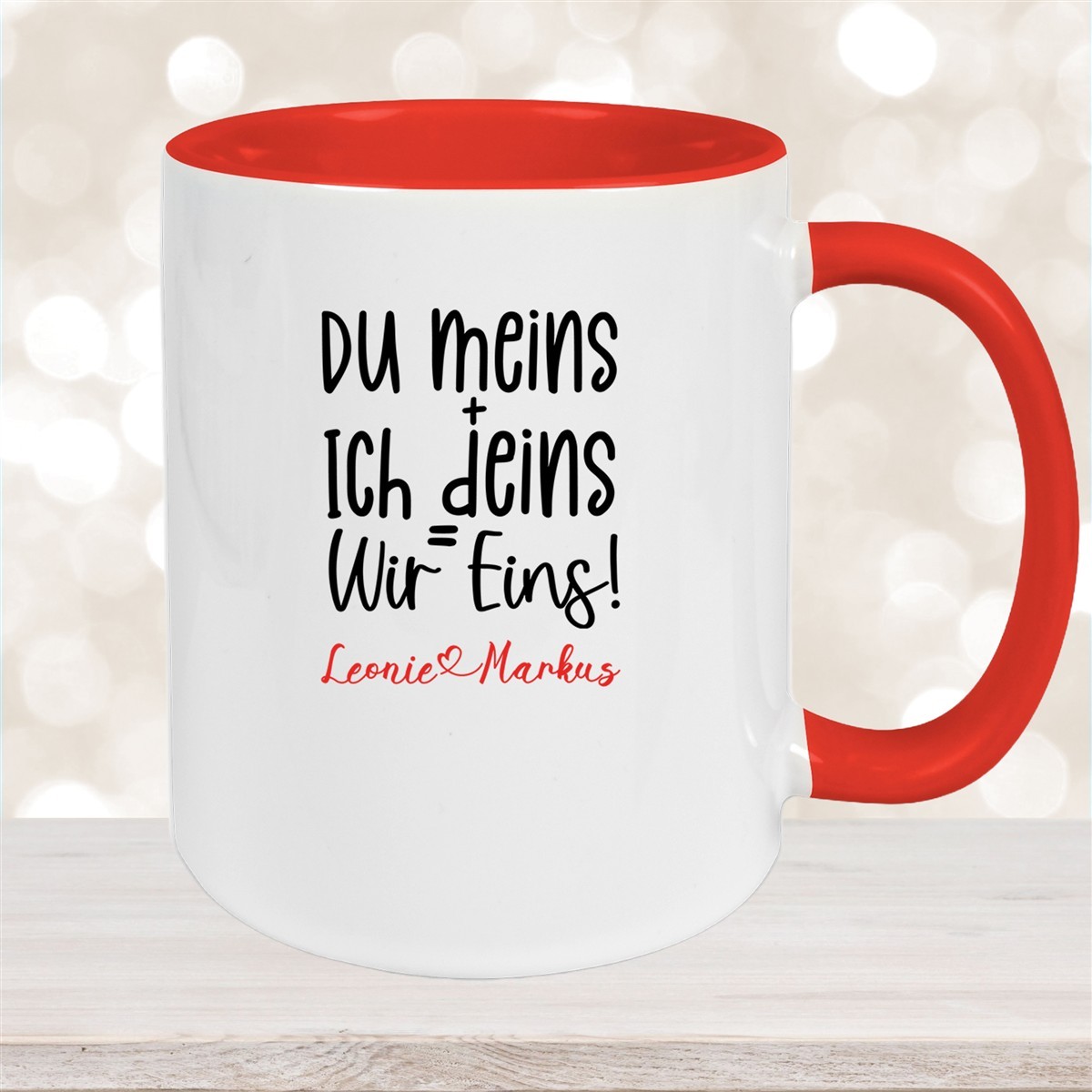 Tasse Liebe - Spruch "du meins, ich deins, wir eins" Valentinstag Wunschnamen Keramik personalisiert versch. Farben Rot