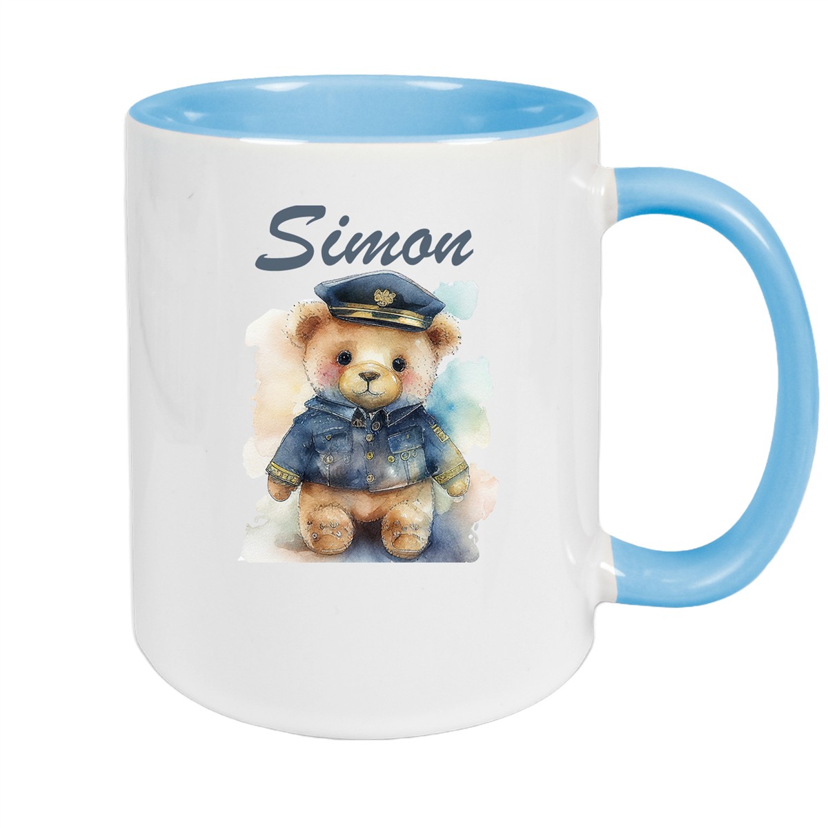 Tasse Polizei Teddy #1 Wunschname Keramik Kinderbecher personalisiert Hellblau