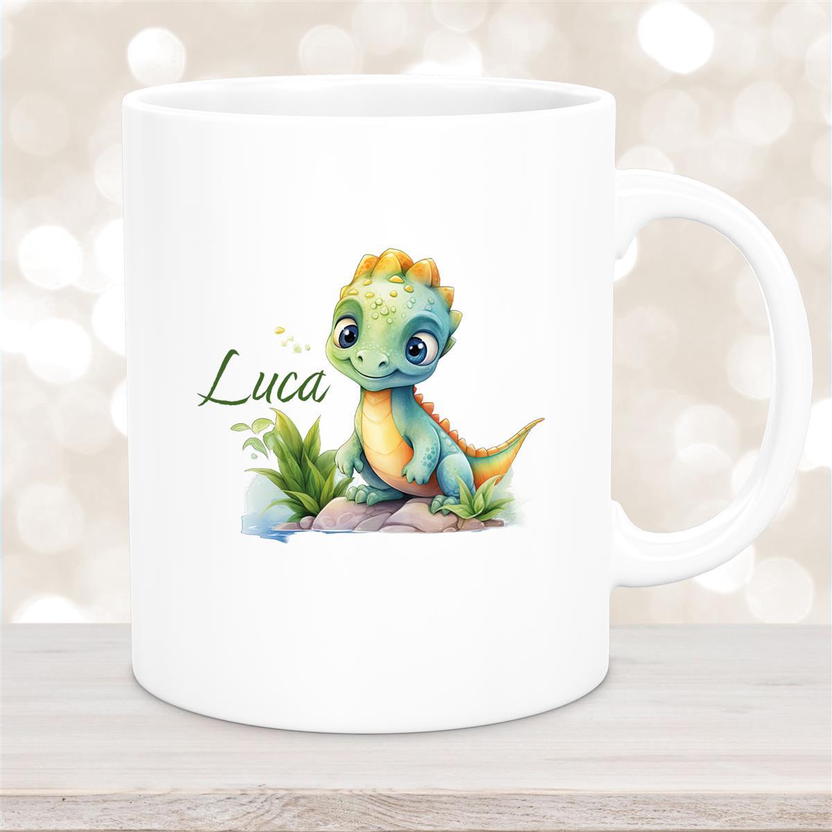 Tasse Dino #11 Wunschname Keramik Kinderbecher Personalisiert Weiß