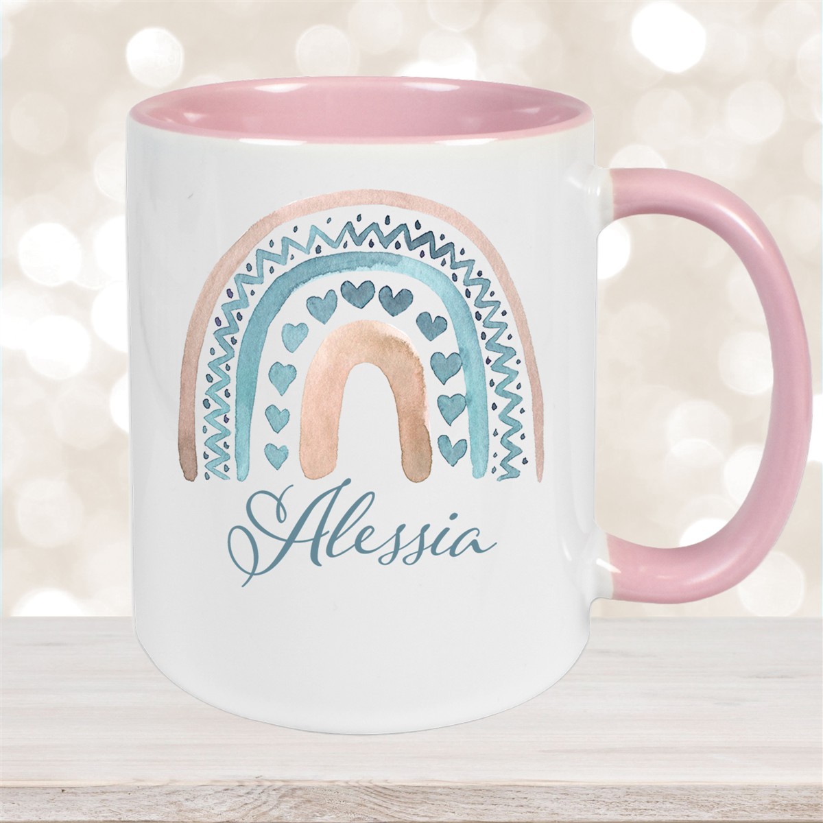 Tasse Wunschname Regenbogen #5 Keramik Kinderbecher Altrosa
