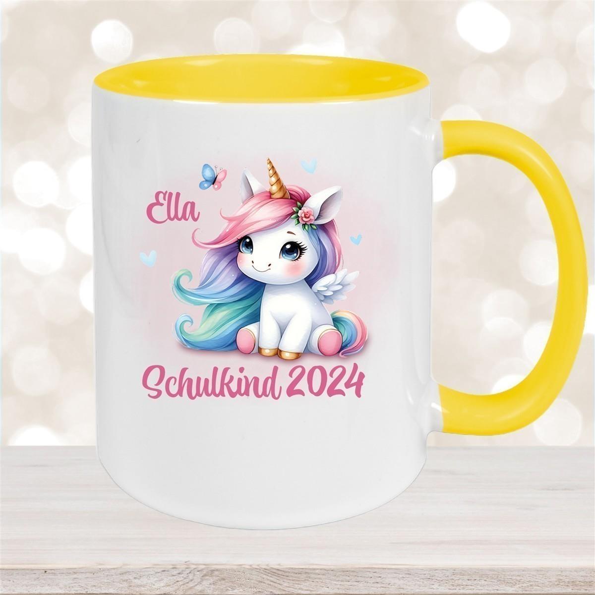 Tasse Schulkind 09 Wunschname Einhorn 2 Keramik Kinderbecher Personalisiert versch. Farben