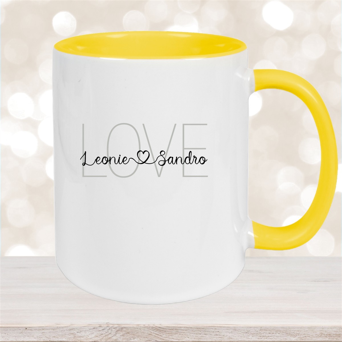Tasse Liebe - Spruch "LOVE" Valentinstag Wunschnamen Keramik personalisiert versch. Farben Gelb