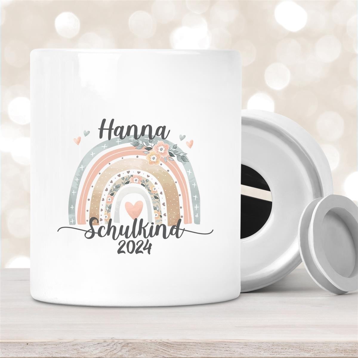 Spardose mit Wunschname Schulanfang #6 Regenbogen personalisiert