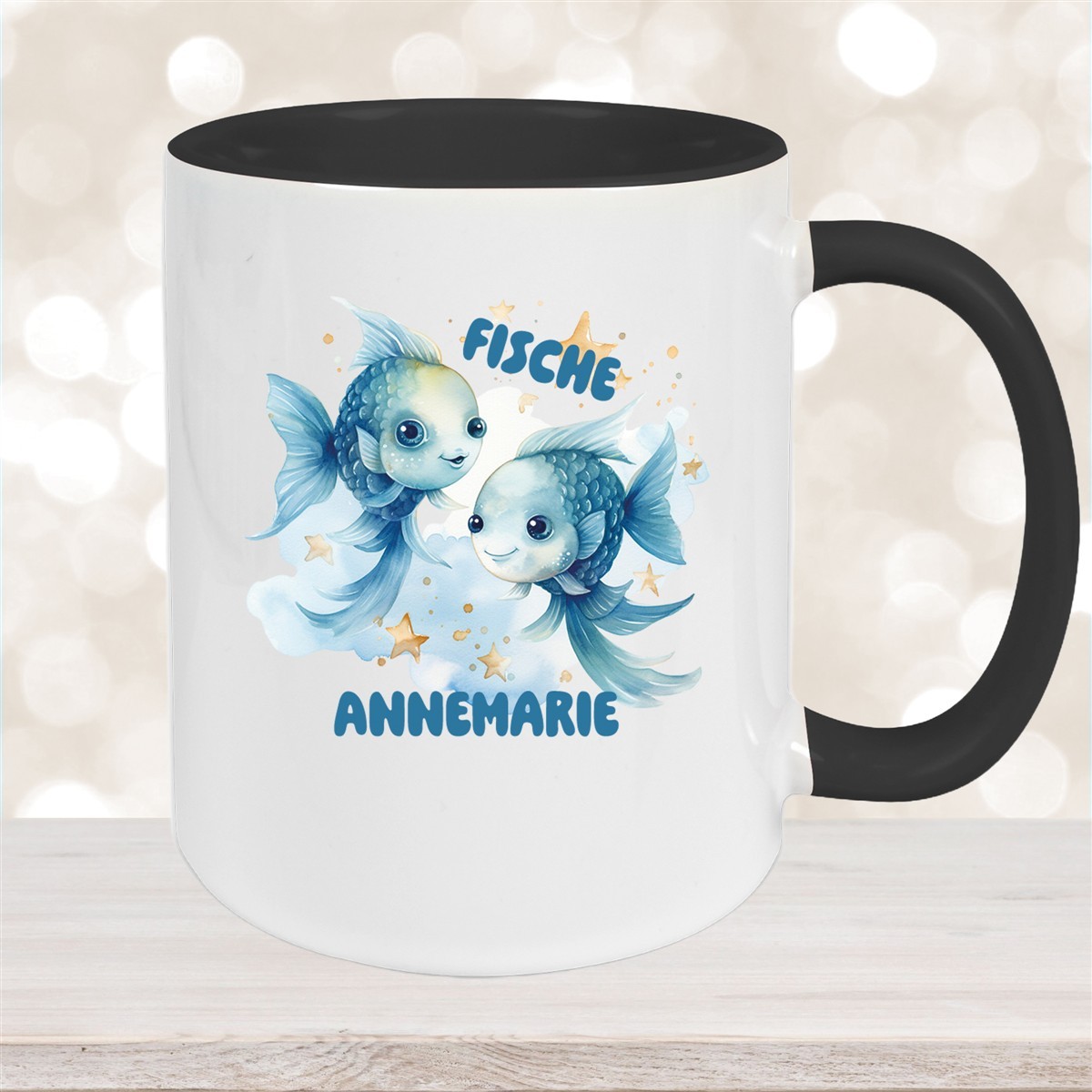 Tasse Sternzeichen Kinder Fische #1 Wunschname Keramik Kinderbecher personalisiert Schwarz