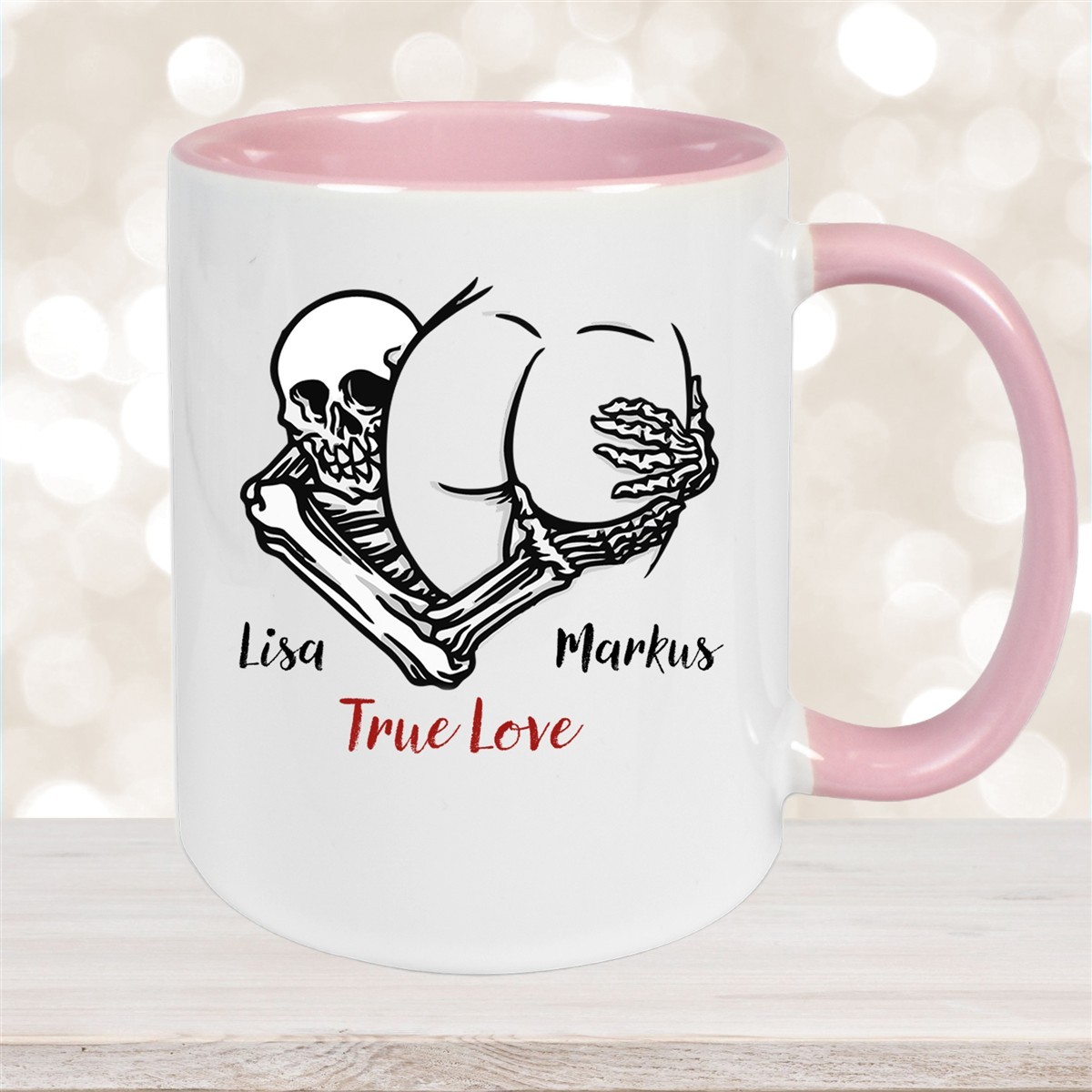Tasse Totenkopf True Love Valentinstag #7 Wunschnamen Keramik personalisiert versch. Farben Altrosa