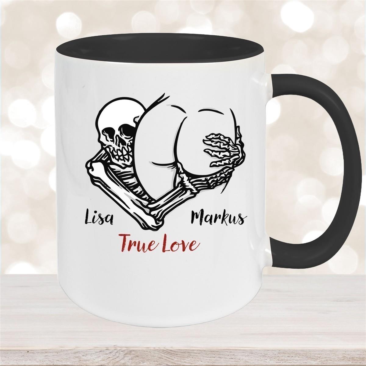 Tasse Totenkopf True Love Valentinstag 7 Wunschnamen Keramik personalisiert versch. Farben
