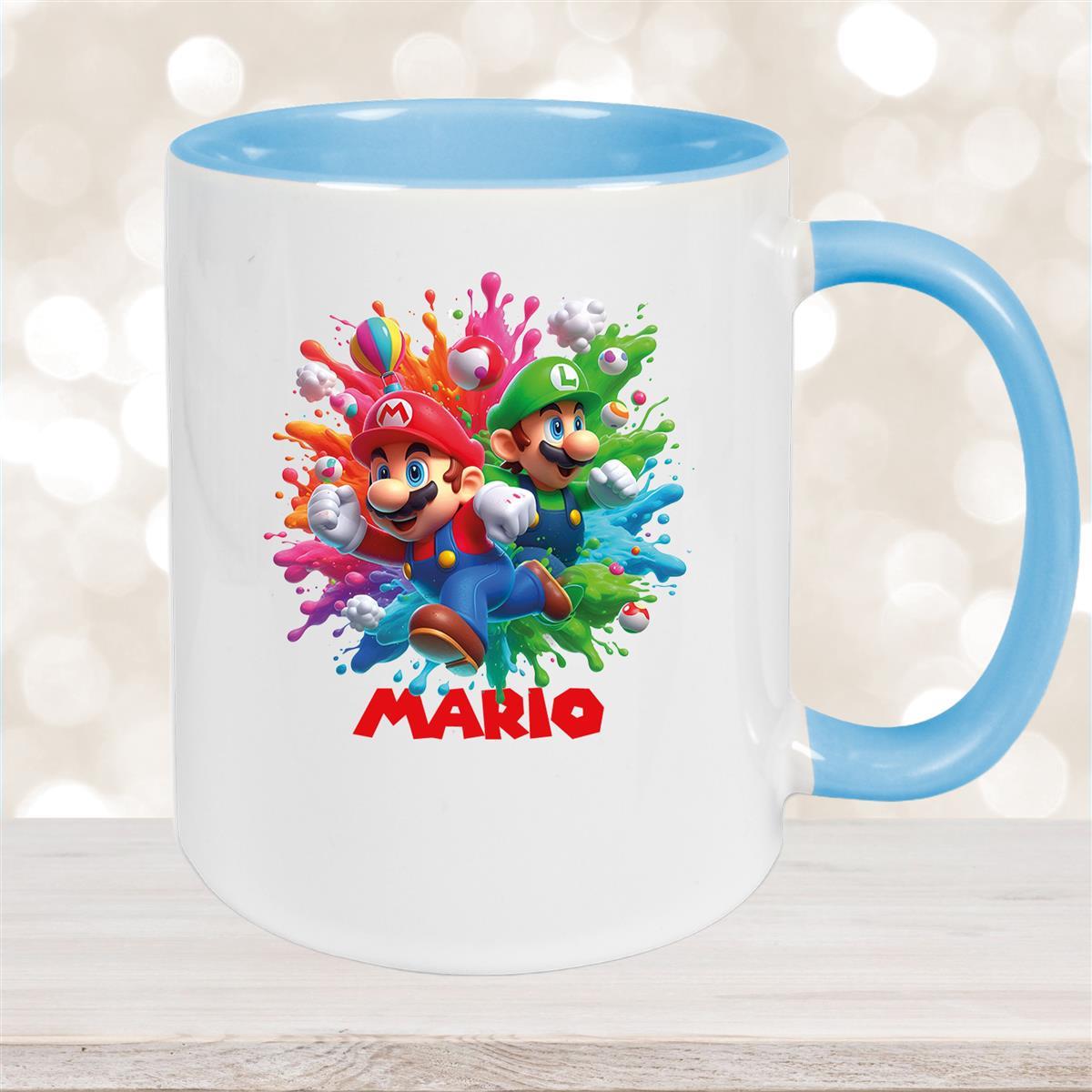Tasse Wunschname Super-Mario #1 Keramik Kinderbecher personalisiert Hellblau
