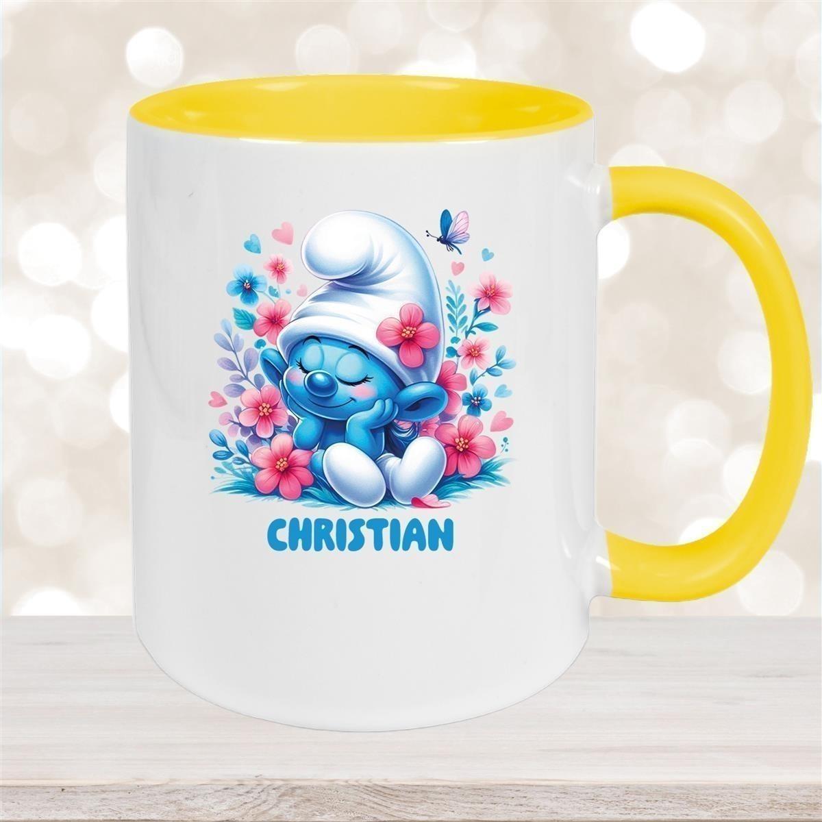 Tasse Kinder Schlumpf 1 mit Blumen Wunschname Keramik Kinderbecher personalisiert versch. Farben