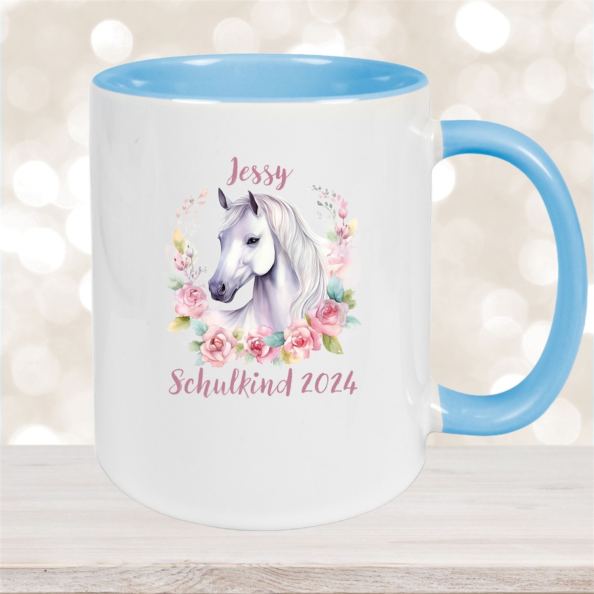 Tasse Schulkind #14 Wunschname Pferd#1 Keramik Kinderbecher Personalisiert Hellblau