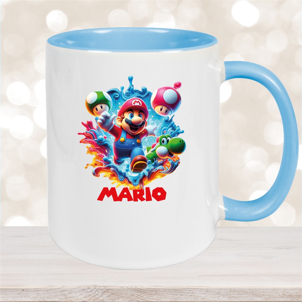 Tasse Wunschname Super-Mario #8 Keramik Kinderbecher personalisiert Hellblau