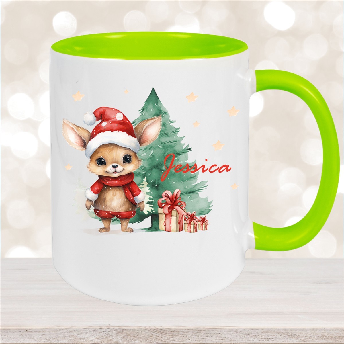 Tasse Wunschname Weihnachten Rehlein-Tannenbaum Keramik Kinderbecher Grün