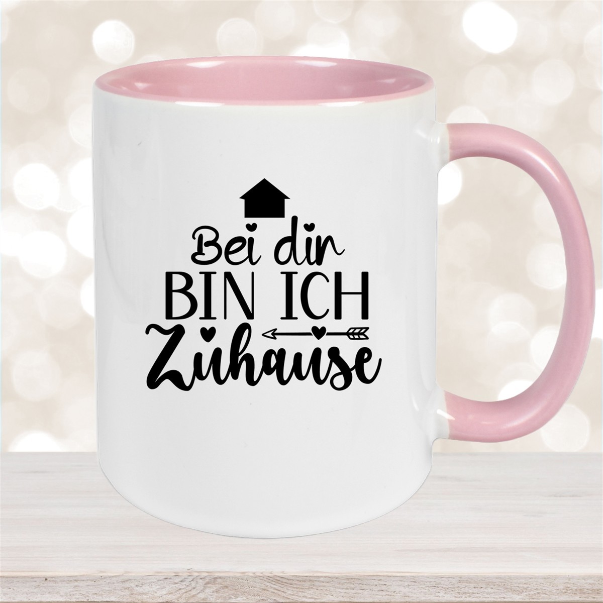 Tasse Liebe -  Spruch "Bei dir bin ich zu Hause" Valentinstag Wunschnamen Keramik personalisiert versch. Farben Altrosa
