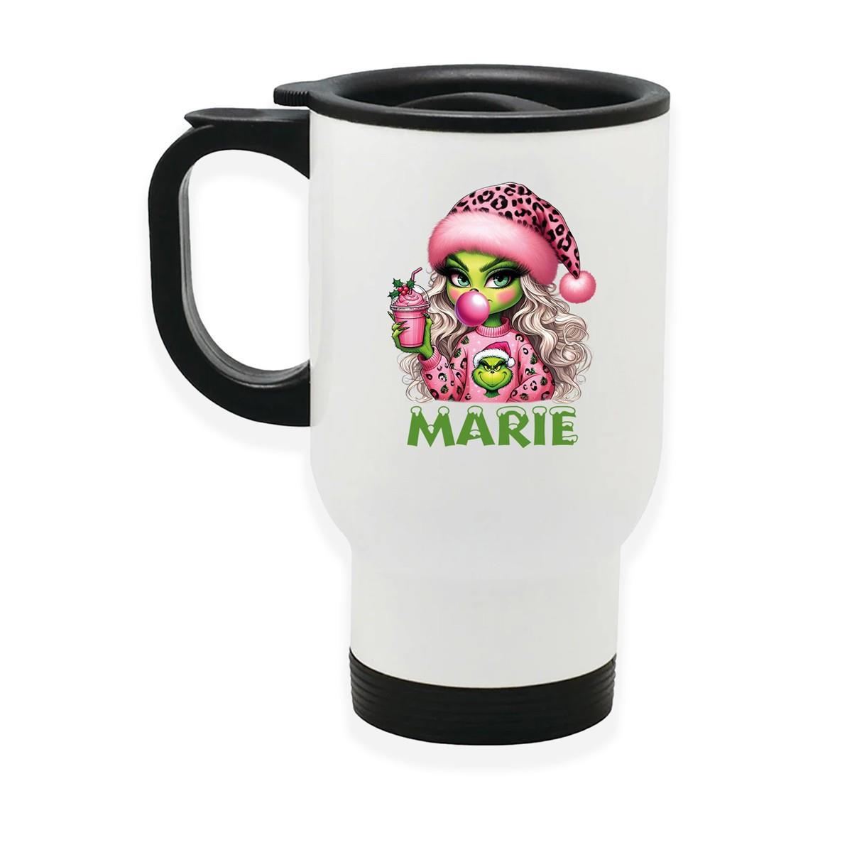 Edelstahl-Thermobecher mit Deckel Weihnachten Lady-Grinch 5 personalisiert weiß