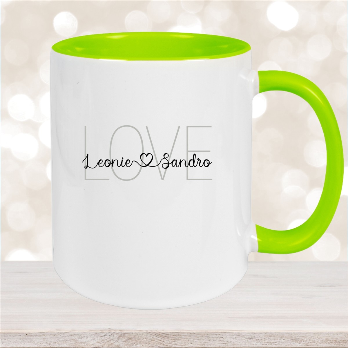 Tasse Liebe - Spruch "LOVE" Valentinstag Wunschnamen Keramik personalisiert versch. Farben Grün