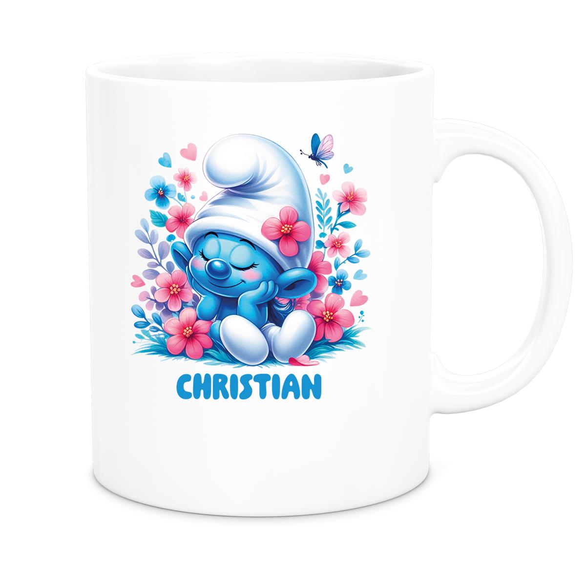 Tasse Kinder Schlumpf 1 mit Blumen Wunschname Keramik Kinderbecher personalisiert versch. Farben