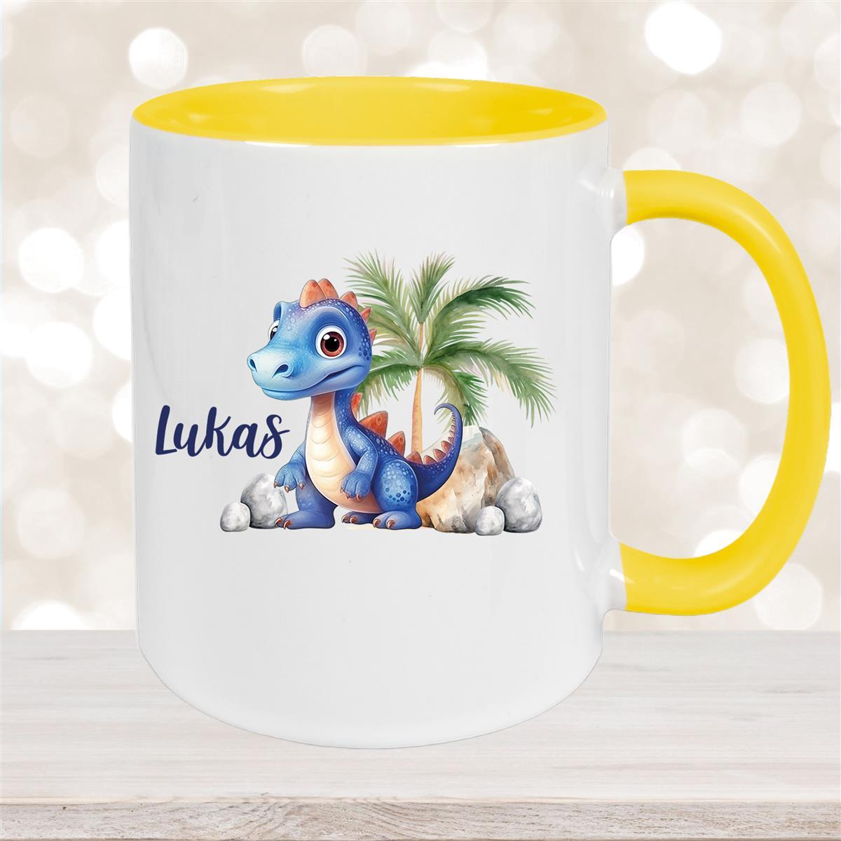 Tasse Dino #8 Wunschname Keramik Kinderbecher Personalisiert Gelb
