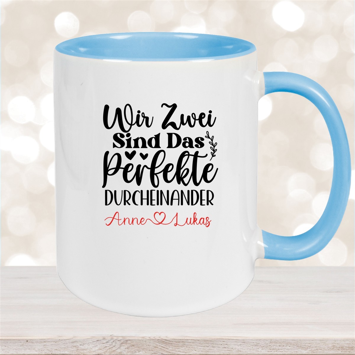 Tasse Liebe - "Wir Zwei sind das perfekte Durcheinander" Valentinstag Wunschnamen Keramik personalisiert versch. Farben Hellblau