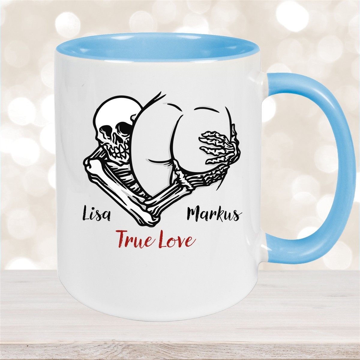 Tasse Totenkopf True Love Valentinstag #7 Wunschnamen Keramik personalisiert versch. Farben Hellblau
