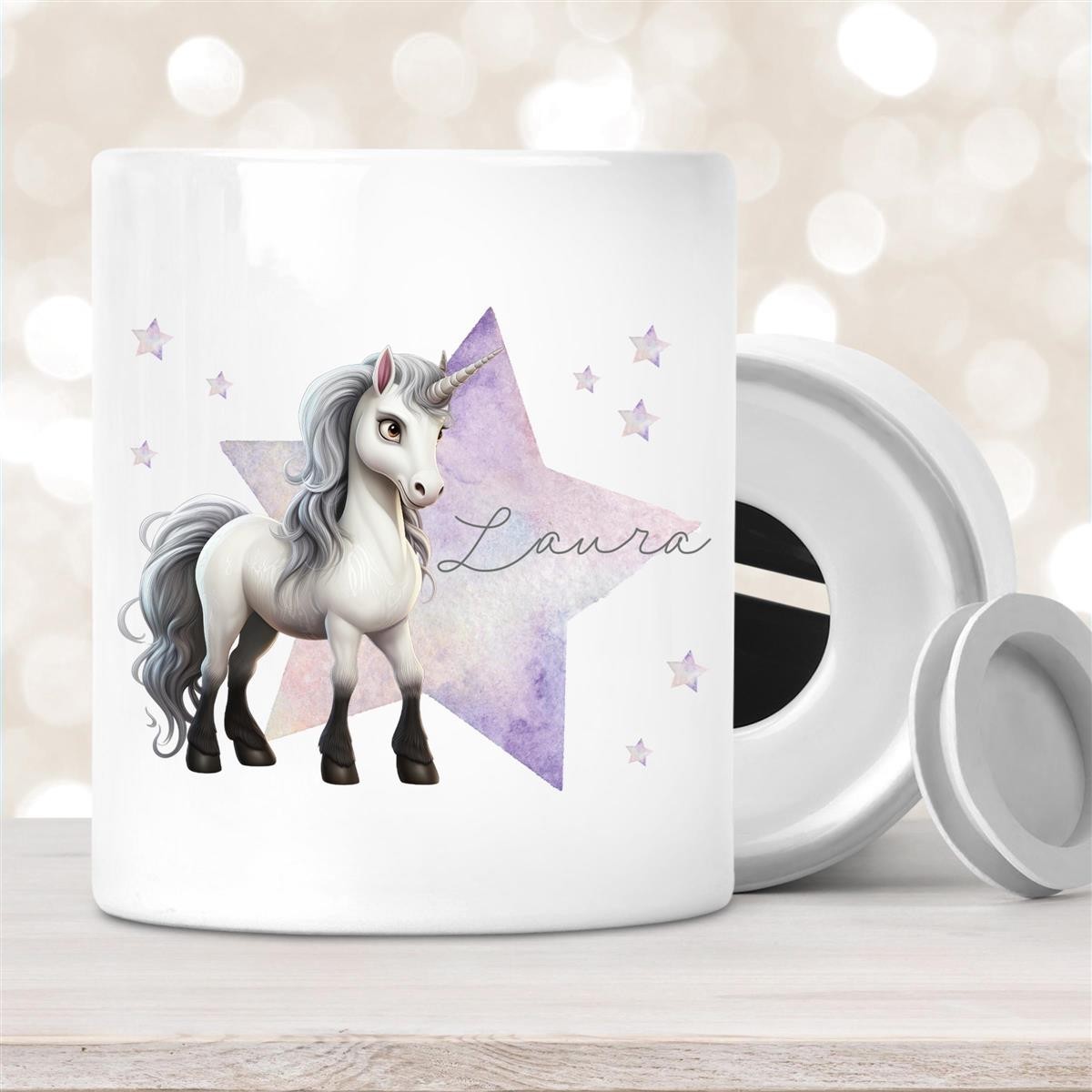 Spardose mit Wunschname Einhorn Stern #1 personalisiert