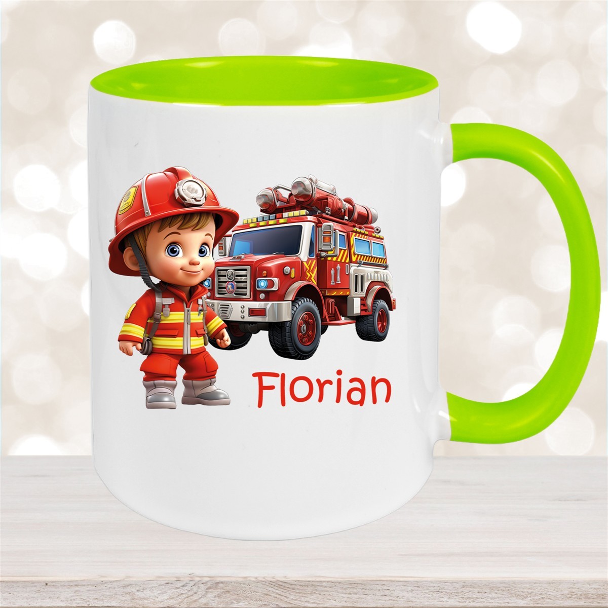Tasse Wunschname Feuerwehr #2 Keramik Kinderbecher Grün