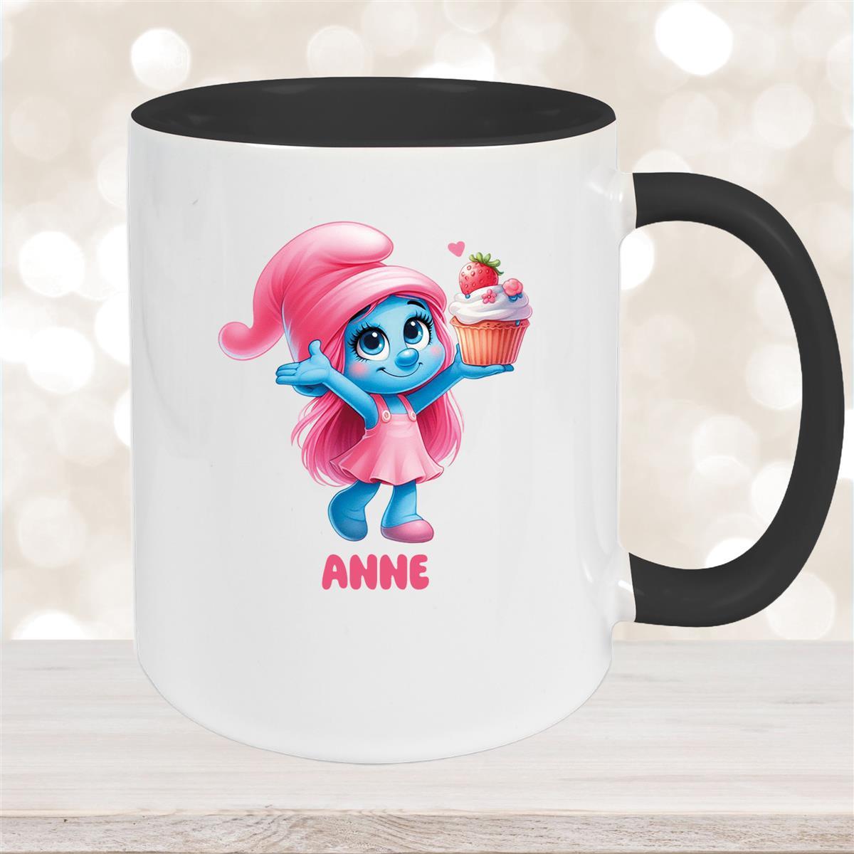Tasse Kinder Schlumpf #2 mit Muffin Wunschname Keramik Kinderbecher personalisiert versch. Farben Schwarz