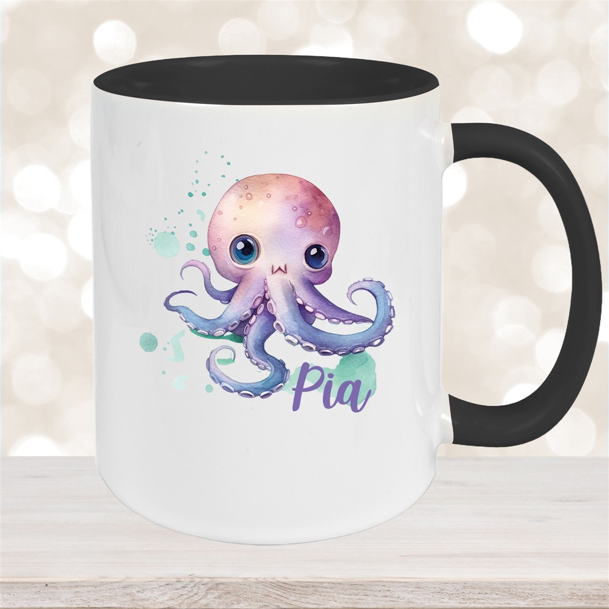 Tasse Wunschname Meerestiere-Oktopus #1 Keramik Kinderbecher Schwarz