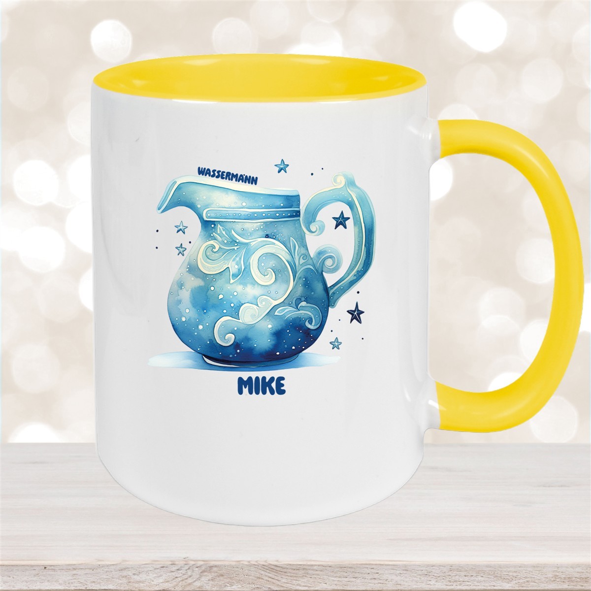 Tasse Sternzeichen Kinder Wassermann #1 Wunschname Keramik Kinderbecher personalisiert Gelb