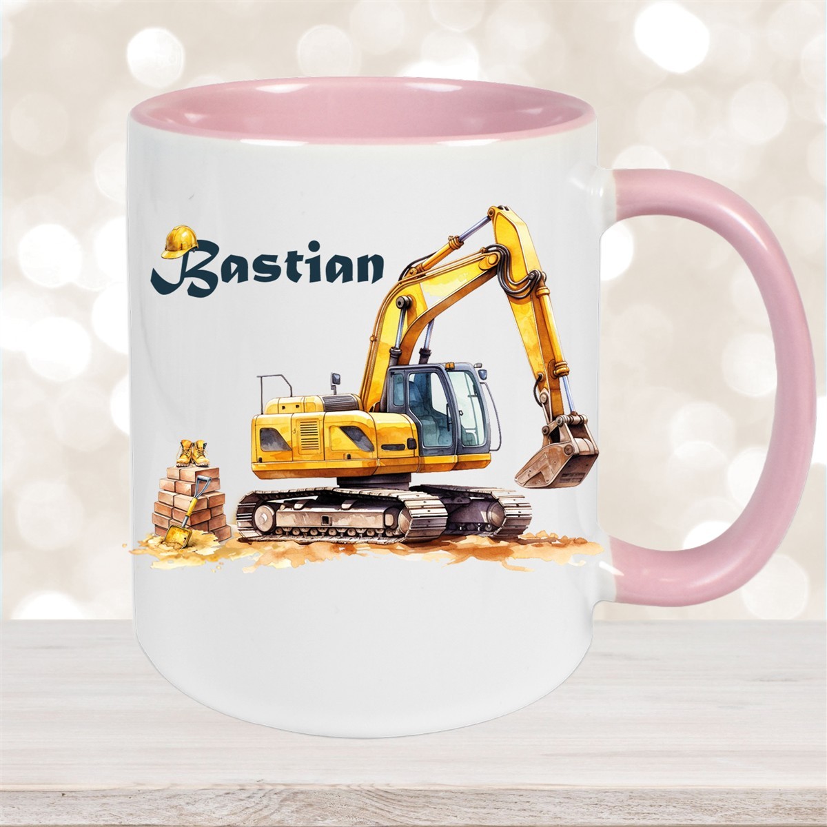 Tasse Wunschname Baustelle Bagger Keramik Kinderbecher Altrosa