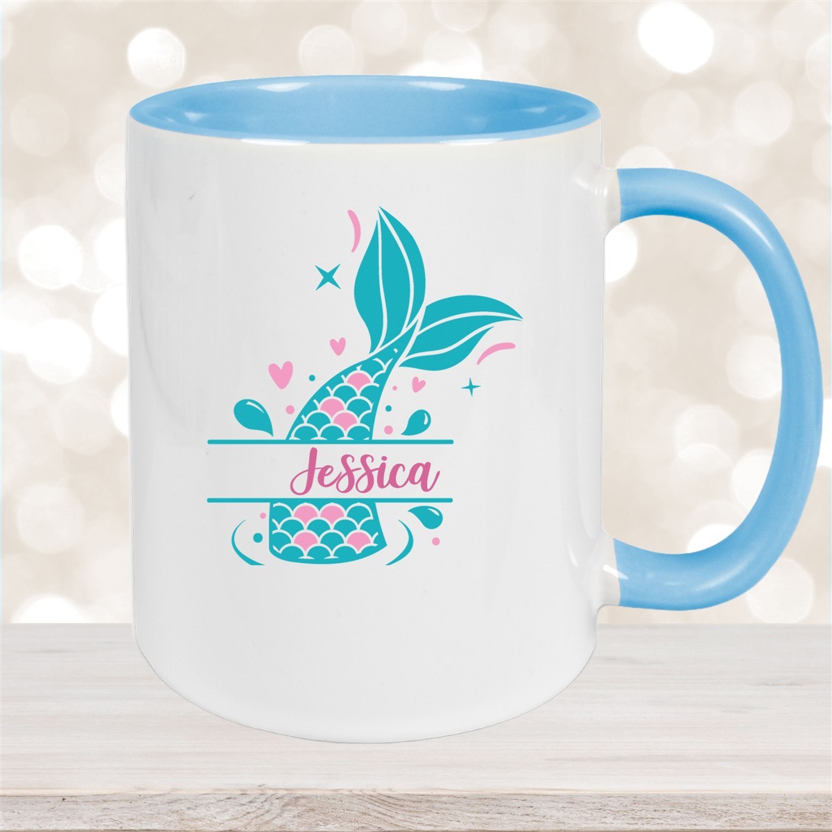 Tasse Meerjungfrau-Flosse #1 Wunschname Keramik Kinderbecher personalisiert Hellblau