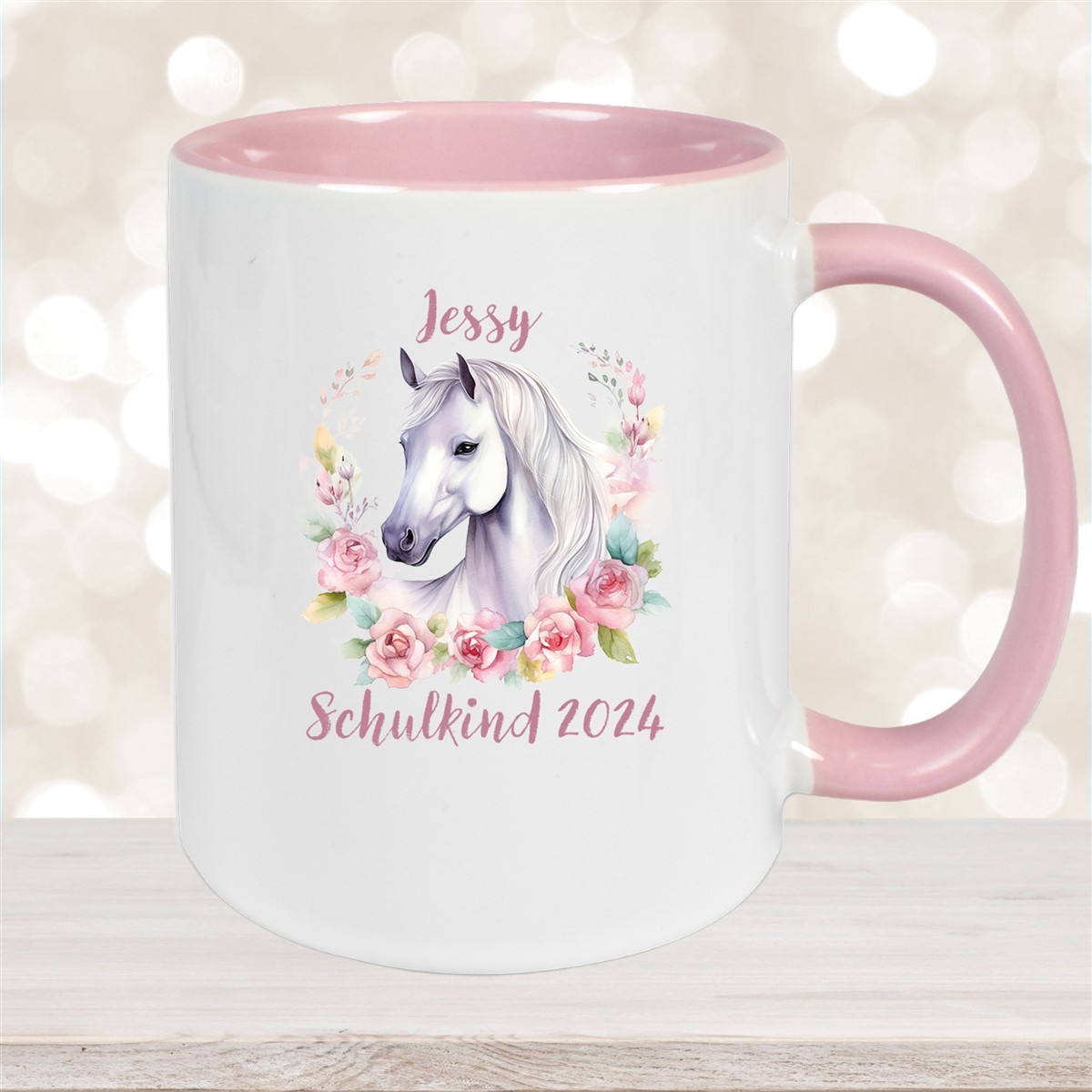 Tasse Schulkind #14 Wunschname Pferd#1 Keramik Kinderbecher Personalisiert Altrosa
