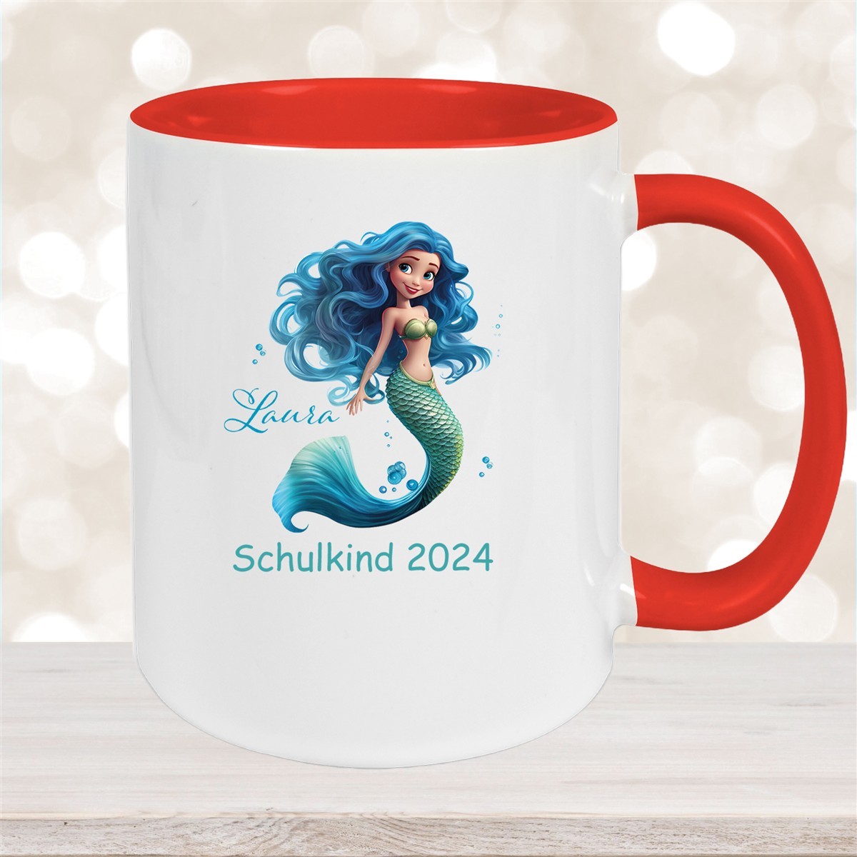 Tasse Schulkind #10 Wunschname Meerjungfrau #1 Keramik Kinderbecher Personalisiert Rot
