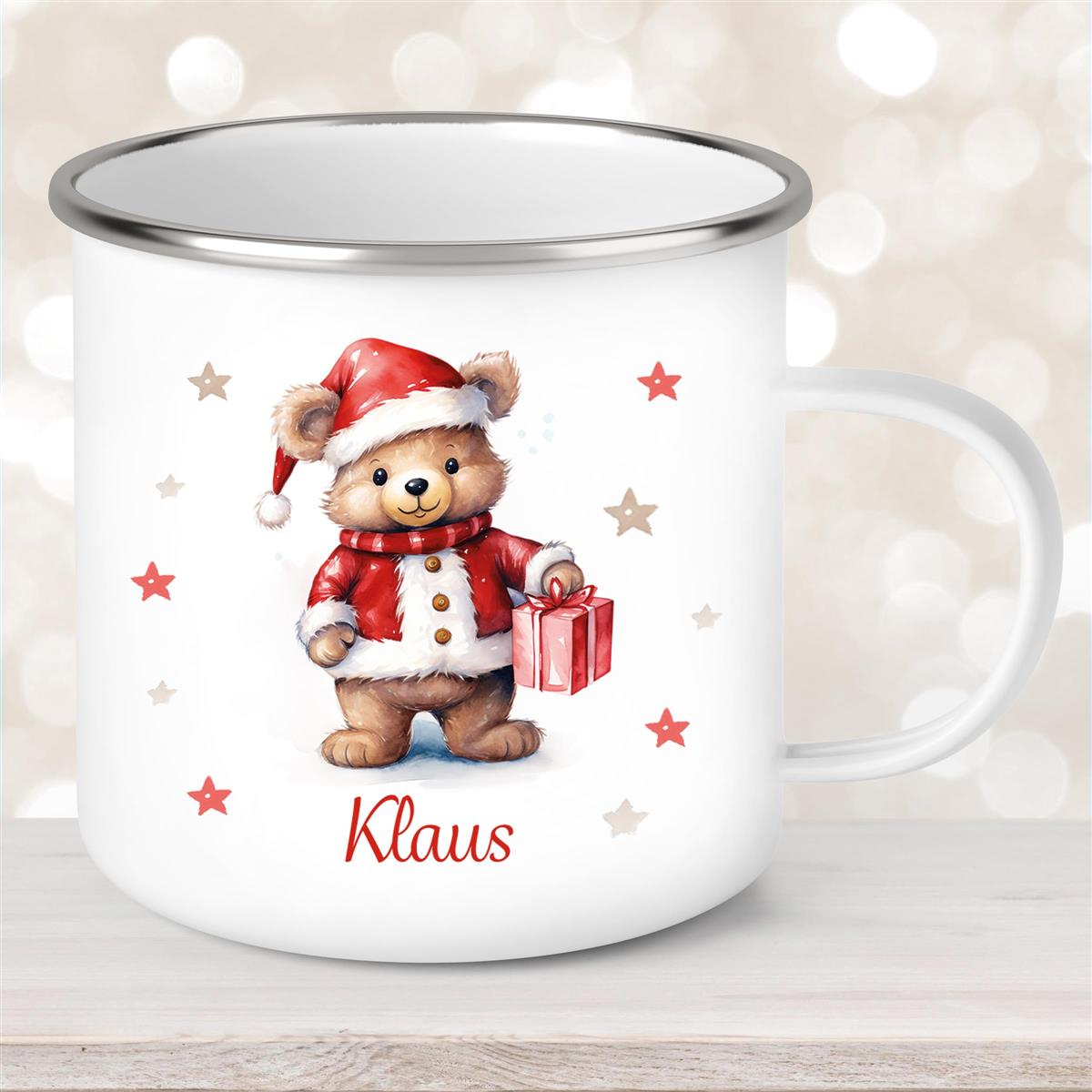 Tasse Wunschname Weihnachten Teddy Sterne Emaille Kinderbecher