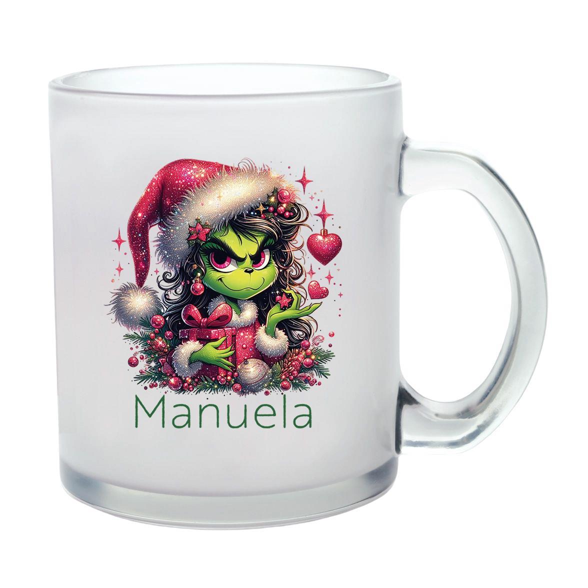 Milchglastasse Wunschname Weihnachten Lady-Grinch 2 Glas Kinderbecher SONDEREDITION