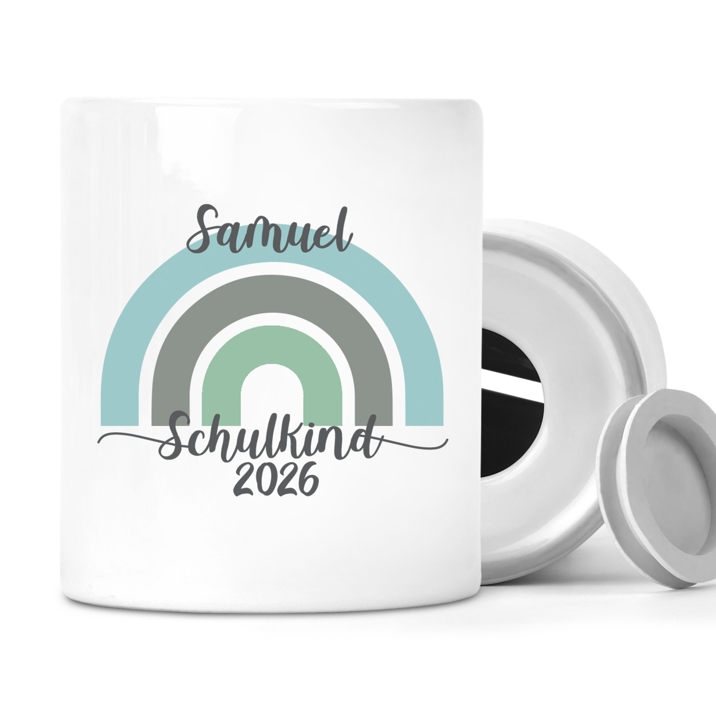 Spardose mit Wunschname Schulanfang 5 Regenbogen personalisiert